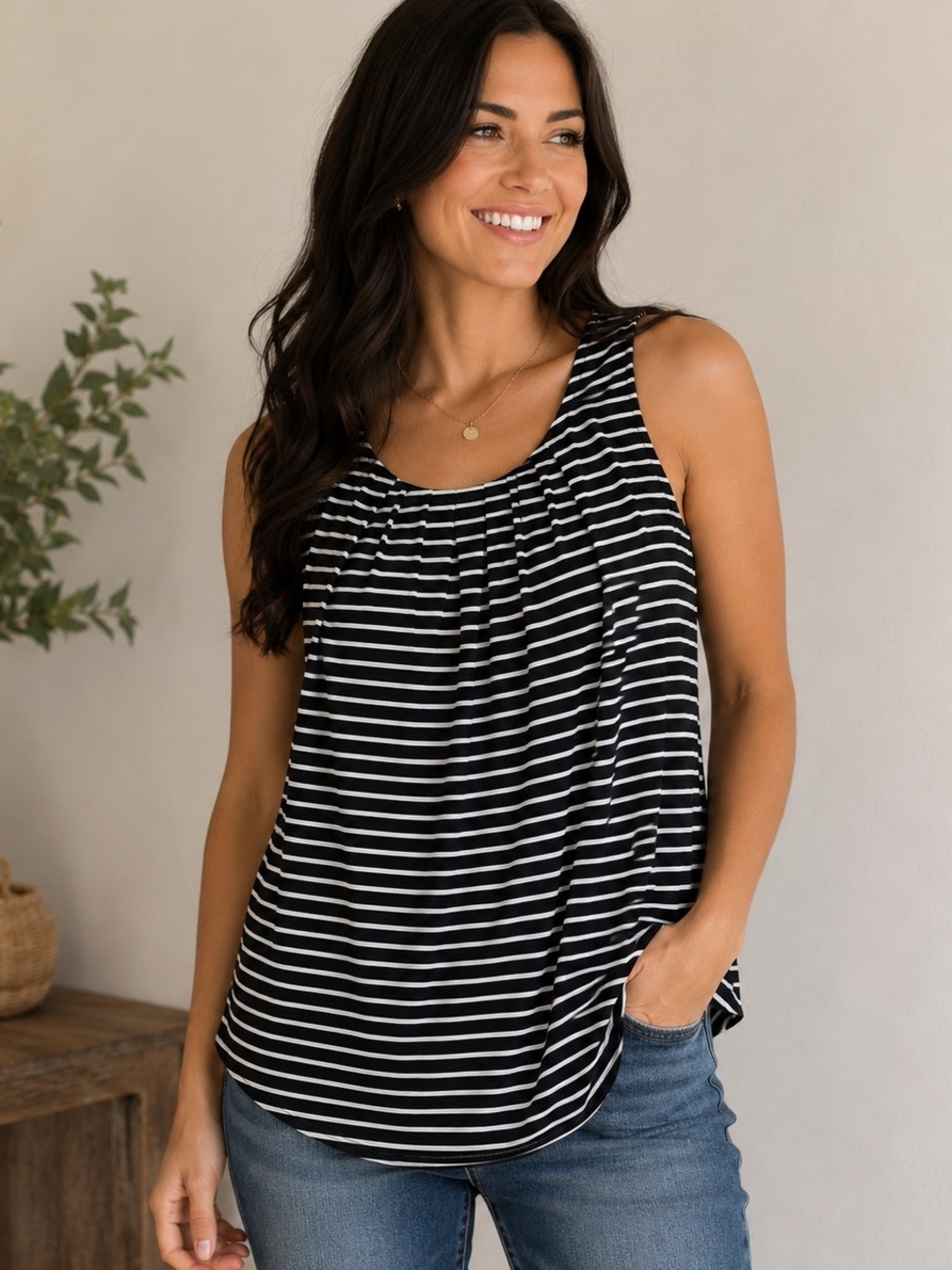 Elle Women's Striped Pleated Tank Top Size Small NWT Black White Blouse